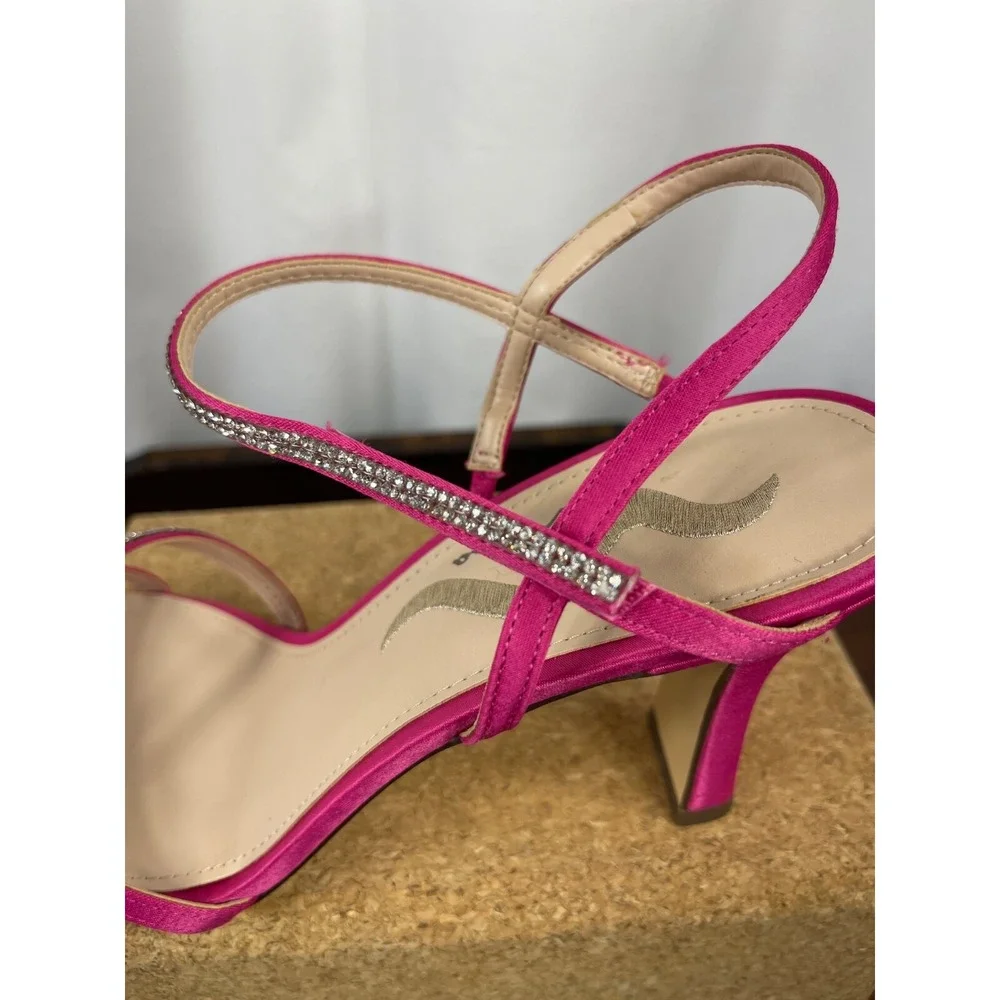 Nina Size 9 Hot Pink Satin Strap Rhinestone Heel Pump Sandal Prom Wedding Formal